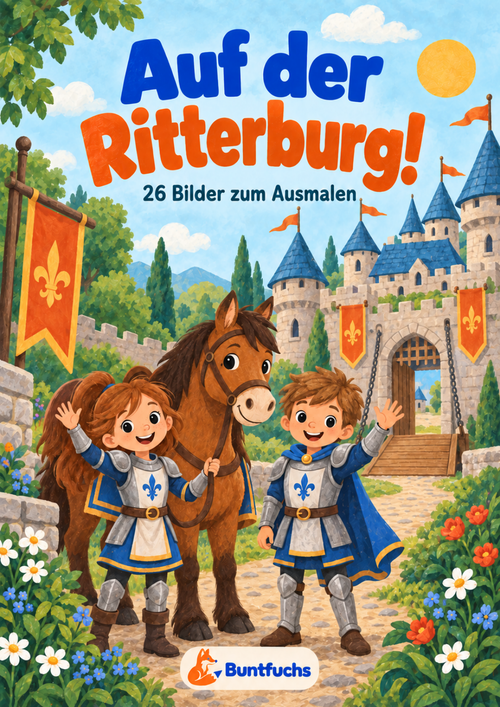 Cover von Auf der Ritterburg! mit zwei Ritterkindern und einem Pferd vor einer Burg – 26 Bilder zum Ausmalen.