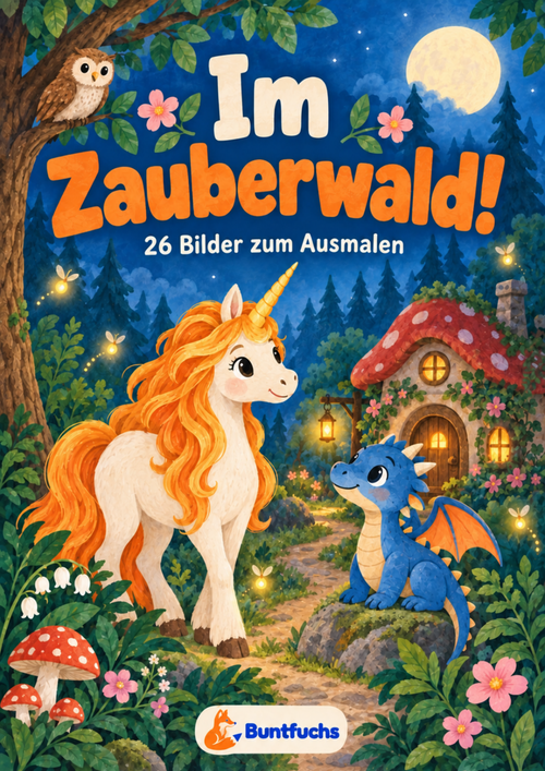 Cover von Im Zauberwald! mit Einhorn, blauem Drachen und Pilzhäuschen im Mondschein – 26 Bilder zum Ausmalen.