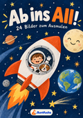 Dunkelblaues Cover von Ab ins All! mit Kind und Hund in einer orangeweißen Rakete, Mond und Planeten.