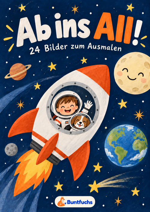 Dunkelblaues Cover von Ab ins All! mit Kind und Hund in einer orangeweißen Rakete, Mond und Planeten.