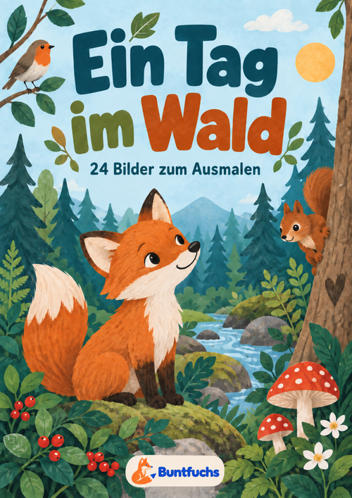 Cover von Ein Tag im Wald mit orangefarbenem Fuchs, Eichhörnchen, Tannen und Pilzen.