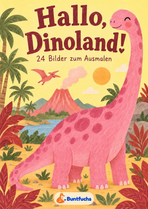 Gelbes Cover von Hallo, Dinoland! mit rosa Langhals, Palmen und rosa Vulkan.