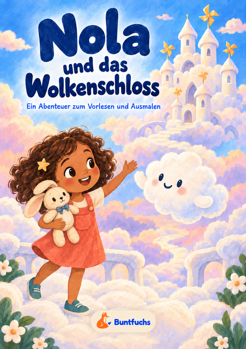 Cover von Nola und das Wolkenschloss: Nola hält ihren Kuschelhasen Fips im Arm, neben ihr schwebt Wölk vor dem Wolkenschloss.
