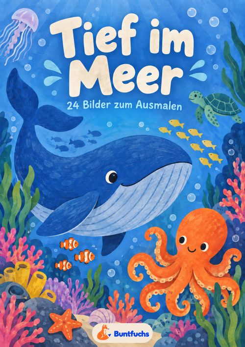 Blaues Cover von Tief im Meer mit großem Wal, orangefarbener Krake, Schildkröte und Korallen.