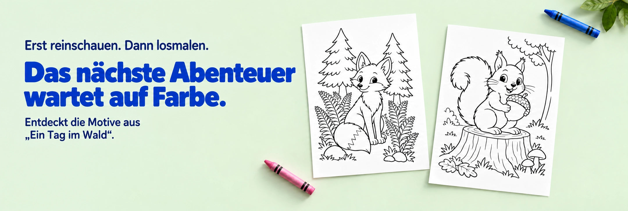 Zwei getrennte Wald-Ausmalseiten mit Fuchs und Eichhörnchen auf hellgrünem Hintergrund.