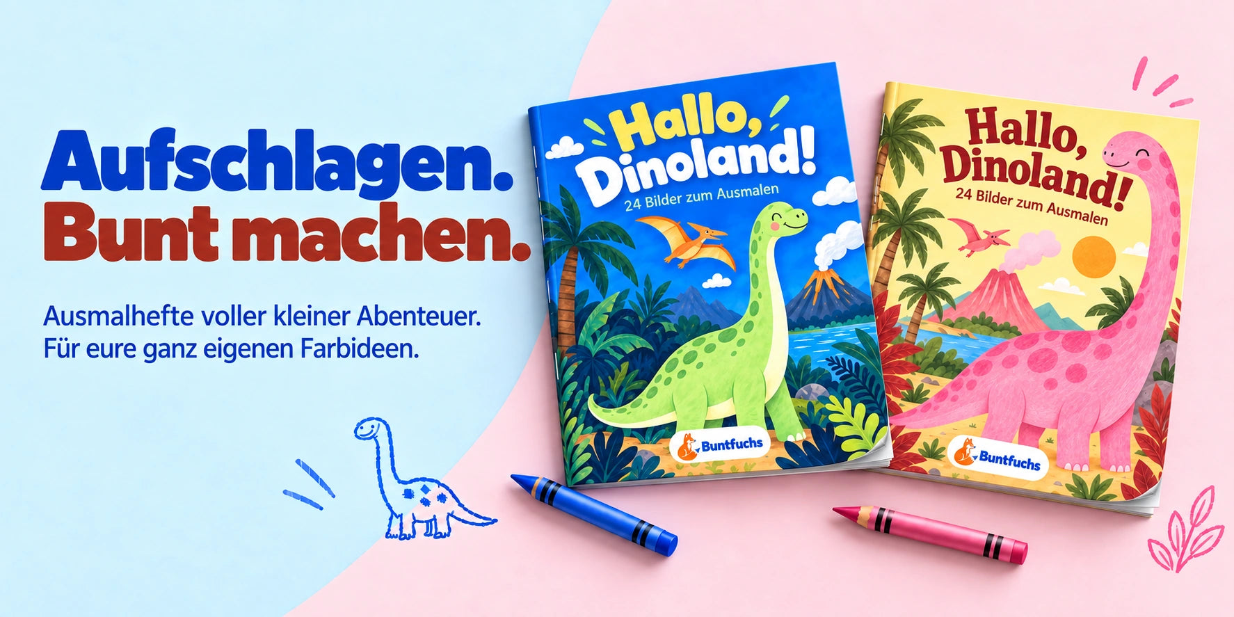 Hallo, Dinoland! in Blau und Rosa: zwei dünne, flexible Ausmalhefte auf hellblauem und rosa Hintergrund.