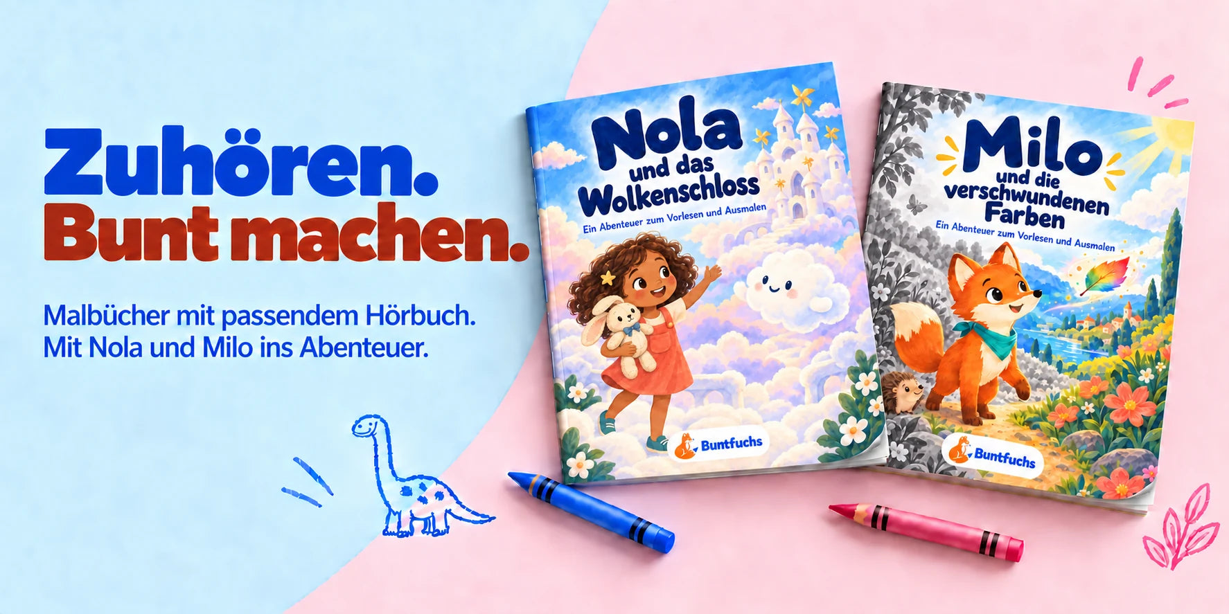 Nola und das Wolkenschloss sowie Milo und die verschwundenen Farben: zwei Malbücher auf hellblauem und rosa Hintergrund. Nola hält ihren Kuschelhasen Fips im Arm.