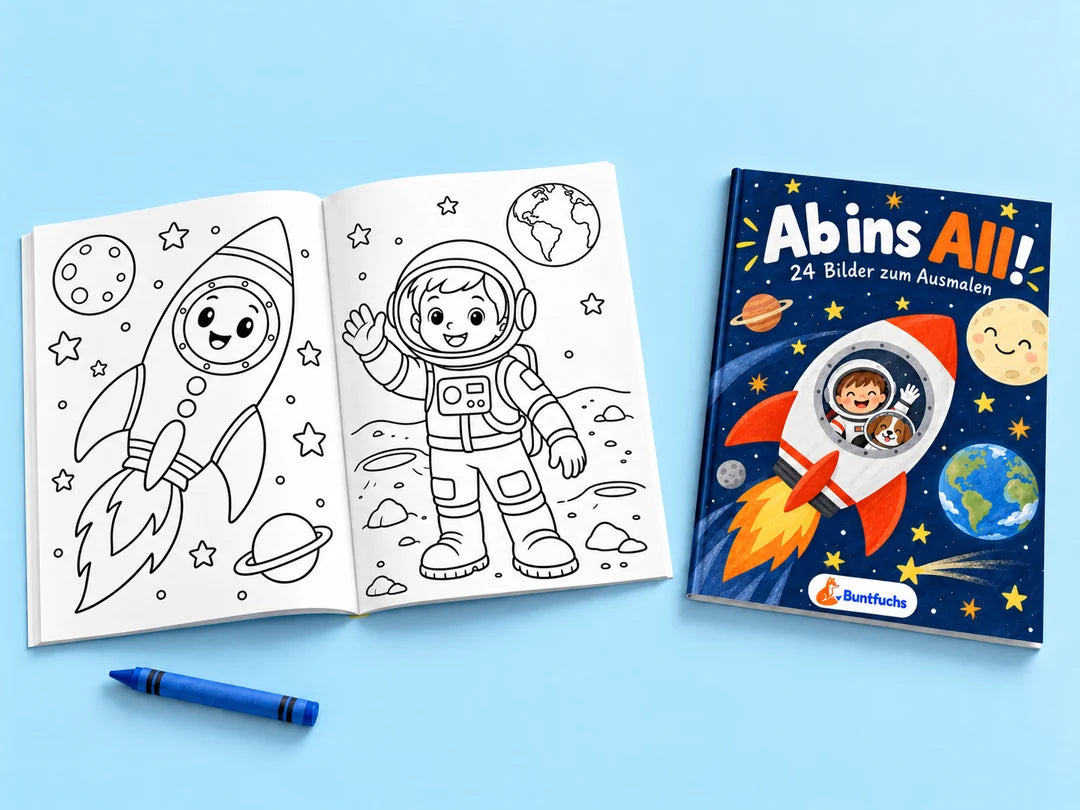 Ab ins All! – dünnes Ausmalheft mit passendem Umschlag und zwei ausgewählten Innenmotiven