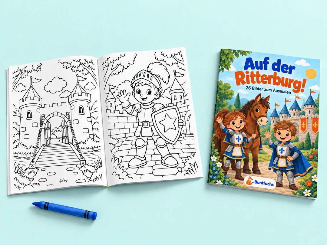 Auf der Ritterburg! – dünnes Ausmalheft mit passendem Umschlag und zwei ausgewählten Innenmotiven