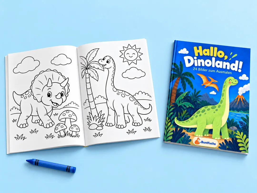 Hallo, Dinoland! – Blau – dünnes Ausmalheft mit passendem Umschlag und zwei ausgewählten Innenmotiven
