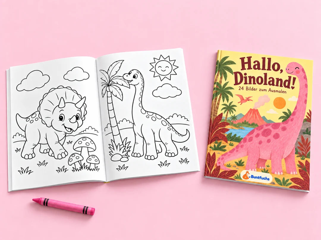 Hallo, Dinoland! – Rosa – dünnes Ausmalheft mit passendem Umschlag und zwei ausgewählten Innenmotiven