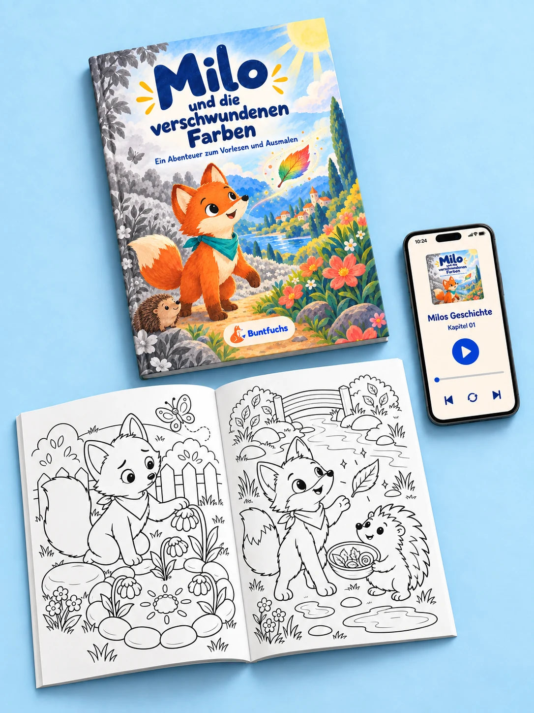Milo und die verschwundenen Farben: geschlossenes Buch, zwei Ausmalmotive mit Milo am Sonnenplatz und mit Piko am Bach sowie ein Smartphone als Hörvorschau.