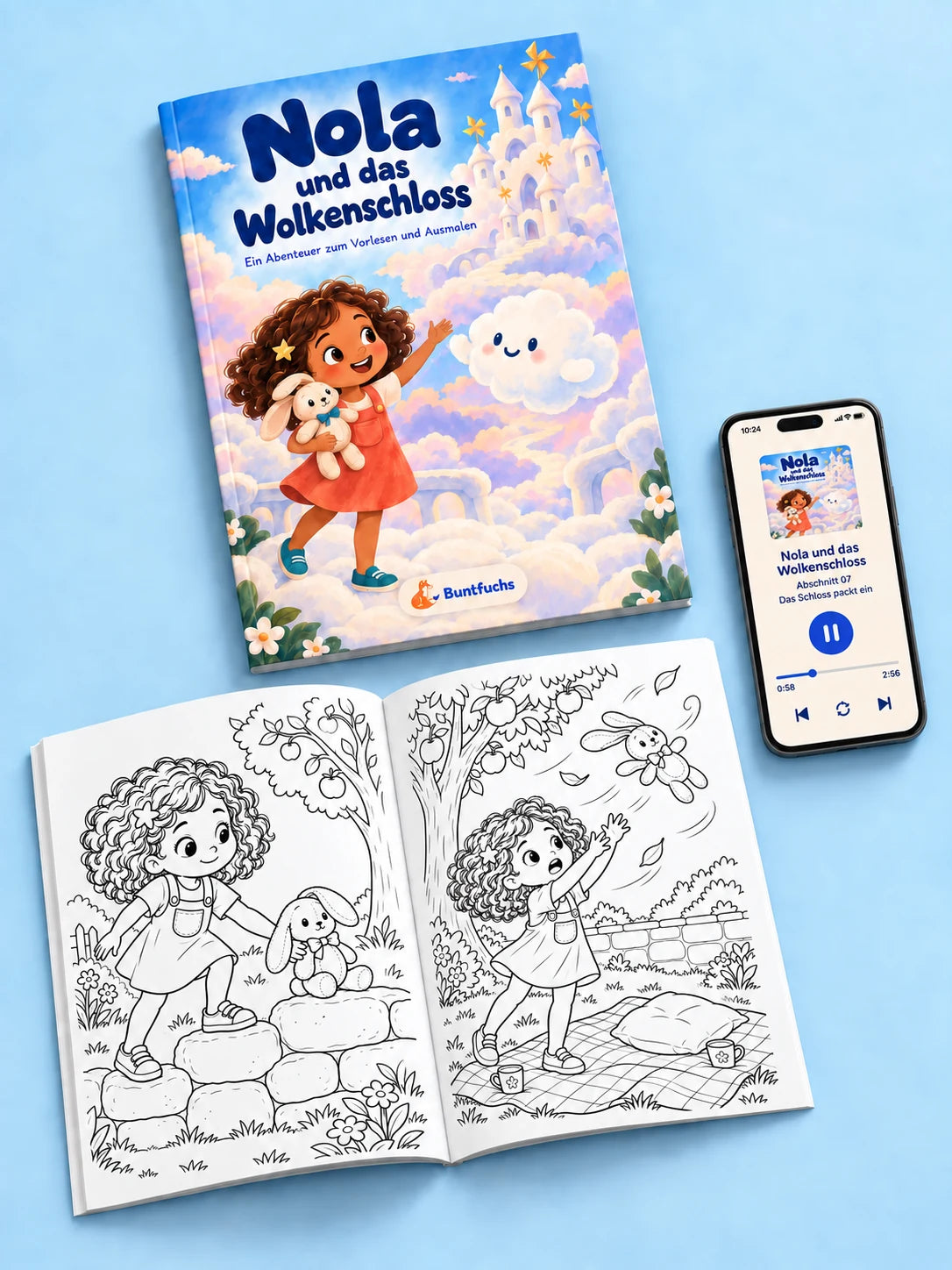 Nola und das Wolkenschloss: geschlossenes Buch mit Fips auf dem Cover, aufgeklapptes Buch mit zwei Ausmalmotiven und daneben ein Smartphone mit laufendem Hörplayer.